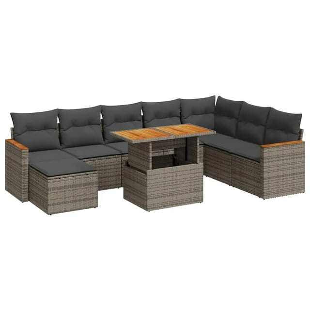 vidaXL 9-Tlg Garten-Sofagarnitur mit Kissen Grau Poly Rattan Akazie 3327525