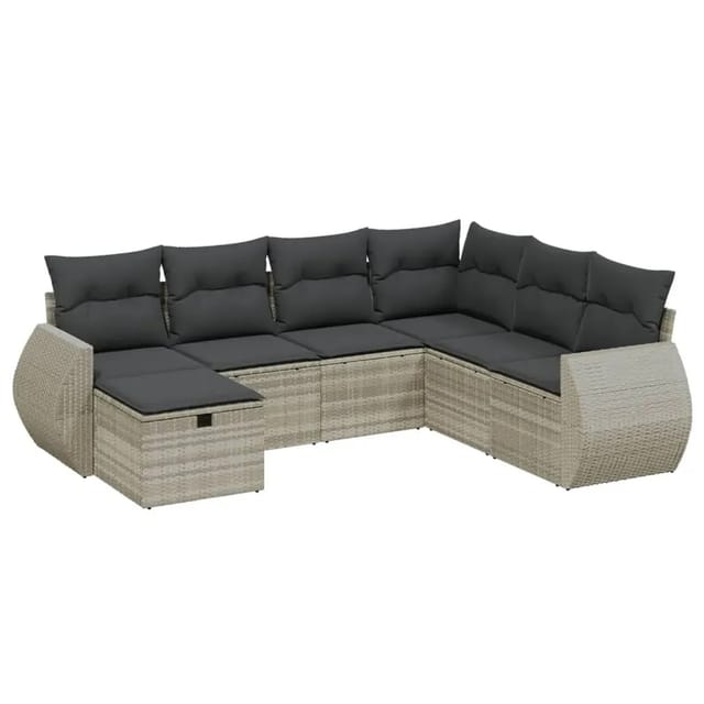vidaXL 7-Tlg Garten-Sofagarnitur mit Kissen Hellgrau Poly Rattan 3264148