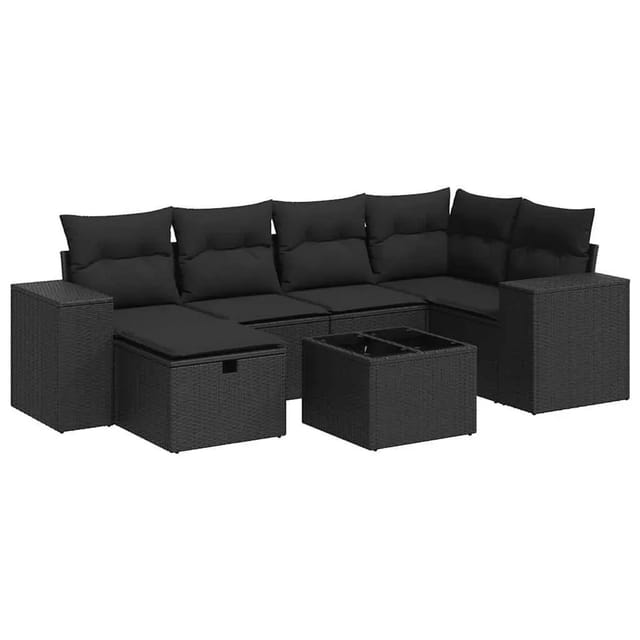 vidaXL 7-Tlg Garten-Sofagarnitur mit Kissen Schwarz Poly Rattan 3325691