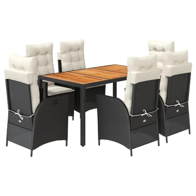 vidaXL 7-Tlg Garten-Essgruppe mit Kissen Schwarz Poly Rattan 3213089