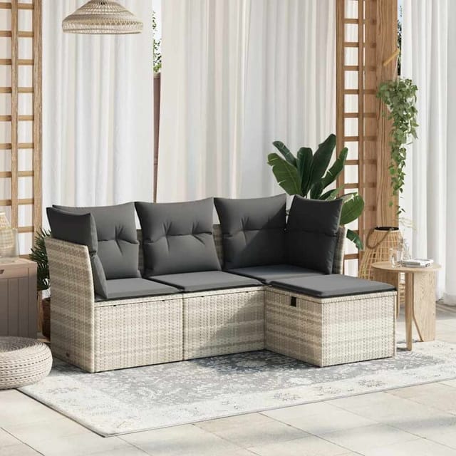 vidaXL 4-Tlg Garten-Sofagarnitur mit Kissen Hellgrau Poly Rattan 3263118