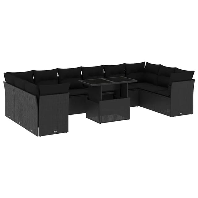 vidaXL 11-Tlg Garten-Sofagarnitur mit Kissen Schwarz Poly Rattan 3266855