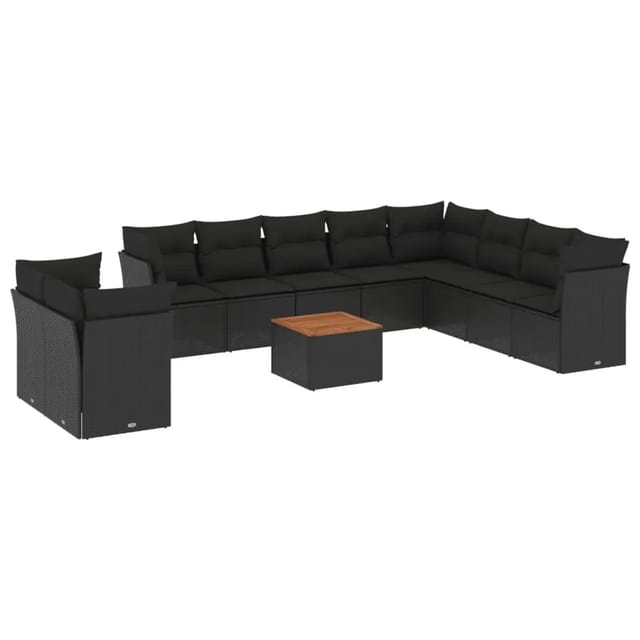 vidaXL 11-Tlg Garten-Sofagarnitur mit Kissen Schwarz Poly Rattan 3256048