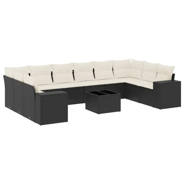 vidaXL 11-Tlg Garten-Sofagarnitur mit Kissen Schwarz Poly Rattan 3223075