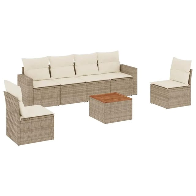 vidaXL 7-Tlg Garten-Sofagarnitur mit Kissen Beige Poly Rattan 3256401