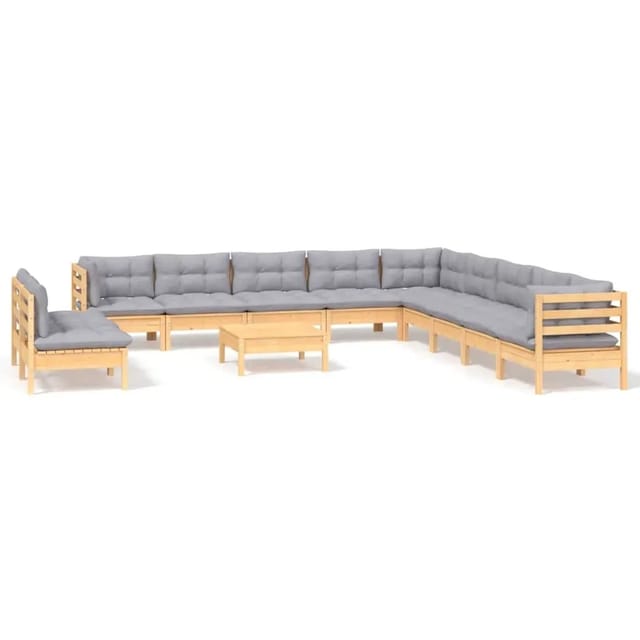 vidaXL 12-Tlg Garten-Lounge-Set mit Grauen Kissen Massivholz Kiefer 3096856