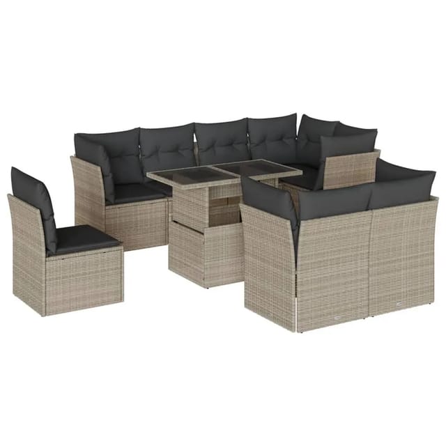 vidaXL 9-Tlg Garten-Sofagarnitur mit Kissen Hellgrau Poly Rattan 3266732