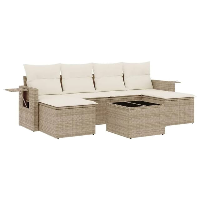 vidaXL 7-Tlg Garten-Sofagarnitur mit Kissen Beige Poly Rattan 3252865