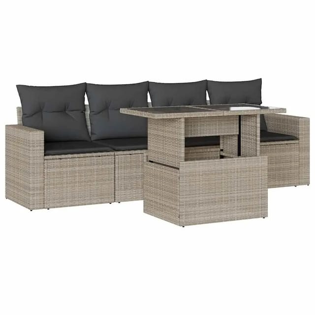 vidaXL 5-Tlg Garten-Sofagarnitur mit Kissen Hellgrau Poly Rattan 3267102
