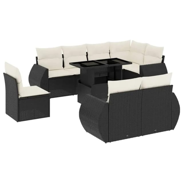 vidaXL 9-Tlg Garten-Sofagarnitur mit Kissen Schwarz Poly Rattan 3268666