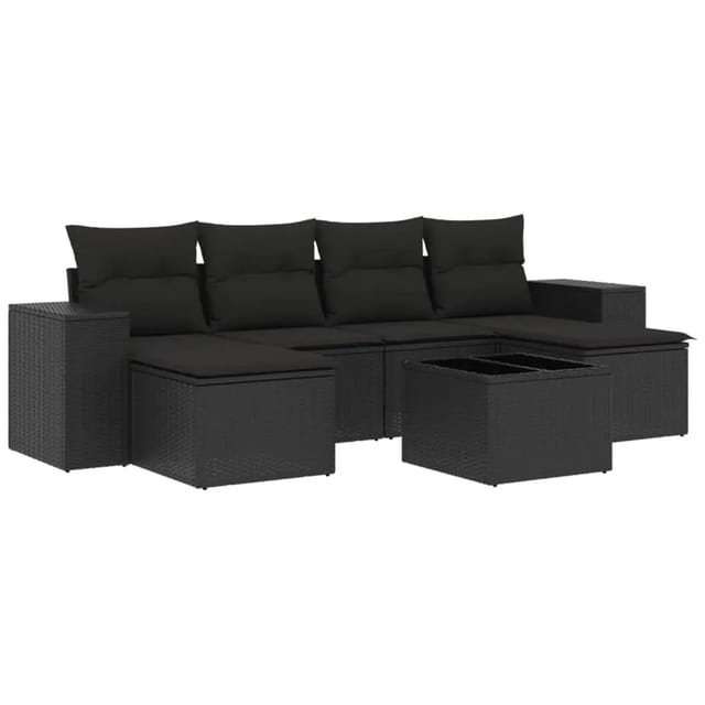 vidaXL 7-Tlg Garten-Sofagarnitur mit Kissen Schwarz Poly Rattan 3255262