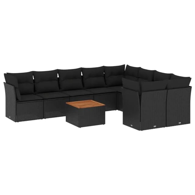 vidaXL 10-Tlg Garten-Sofagarnitur mit Kissen Schwarz Poly Rattan 3256146