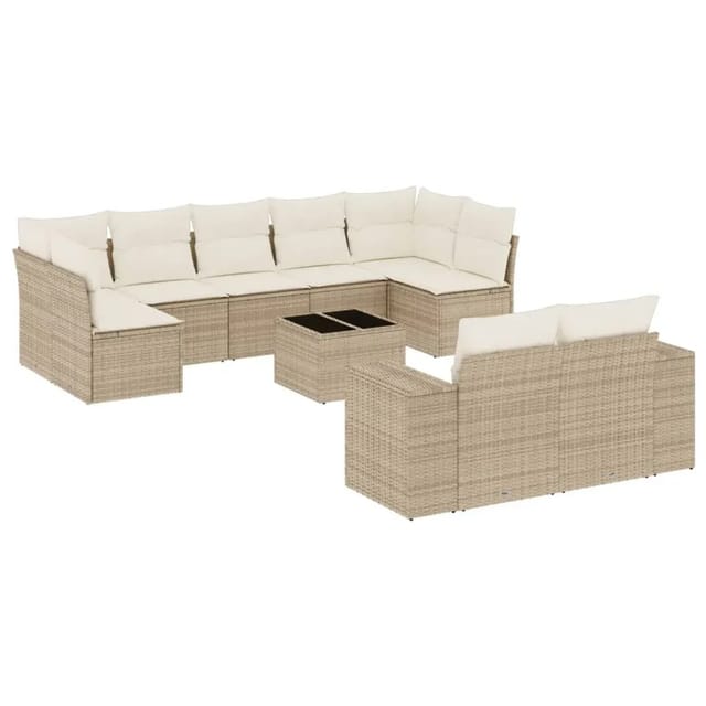 vidaXL 10-Tlg Garten-Sofagarnitur mit Kissen Beige Poly Rattan 3255365