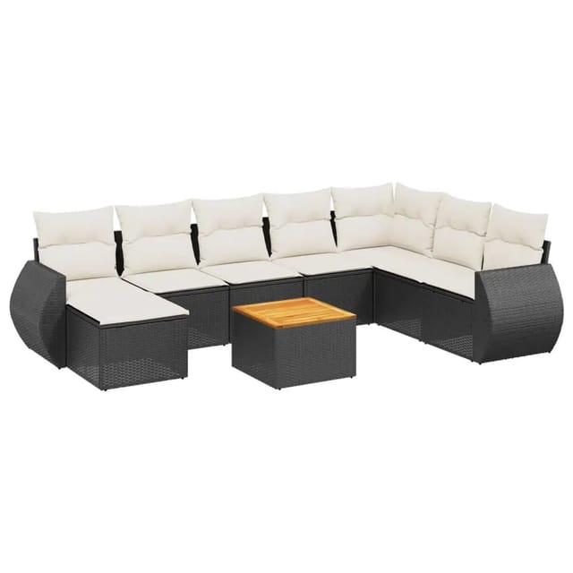 vidaXL 9-Tlg Garten-Sofagarnitur mit Kissen Schwarz Poly Rattan 3225139