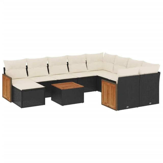 vidaXL 11-Tlg Garten-Sofagarnitur mit Kissen Schwarz Poly Rattan 3260642