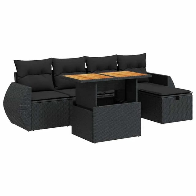 vidaXL 6-Tlg Garten-Sofagarnitur mit Kissen Schwarz Poly Rattan 3328049