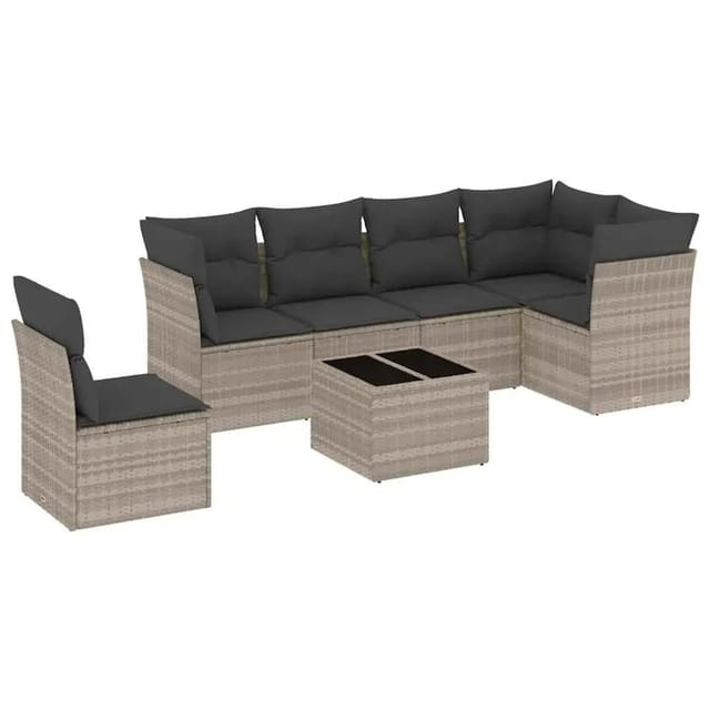 vidaXL 7-Tlg Garten-Sofagarnitur mit Kissen Hellgrau Poly Rattan 3249551