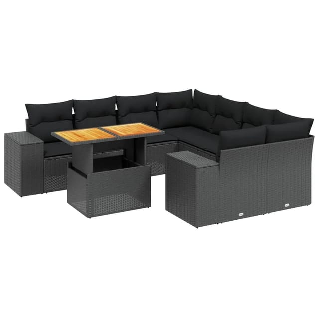 vidaXL 9-Tlg Garten-Sofagarnitur mit Kissen Schwarz Poly Rattan 3272560