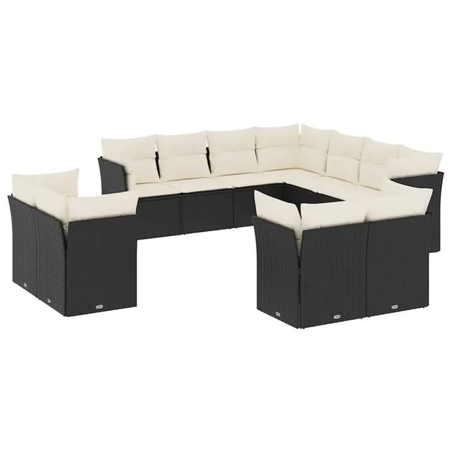 vidaXL 11-Tlg Garten-Sofagarnitur mit Kissen Schwarz Poly Rattan 3250345