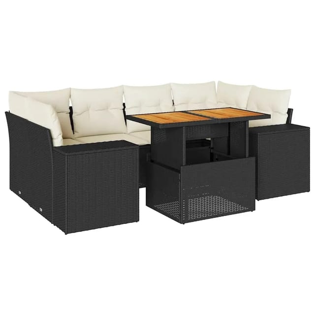 vidaXL 7-Tlg Garten-Sofagarnitur mit Kissen Schwarz Poly Rattan 3327339