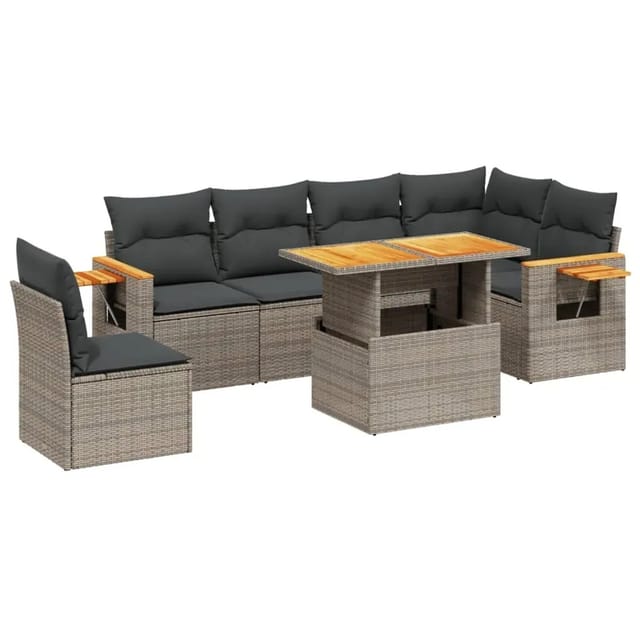 vidaXL 7-Tlg Garten-Sofagarnitur mit Kissen Grau Poly Rattan 3273545