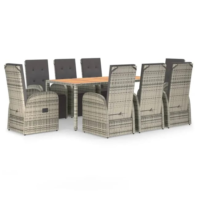 vidaXL 9-Tlg Garten-Essgruppe mit Kissen Grau Poly Rattan 3157596