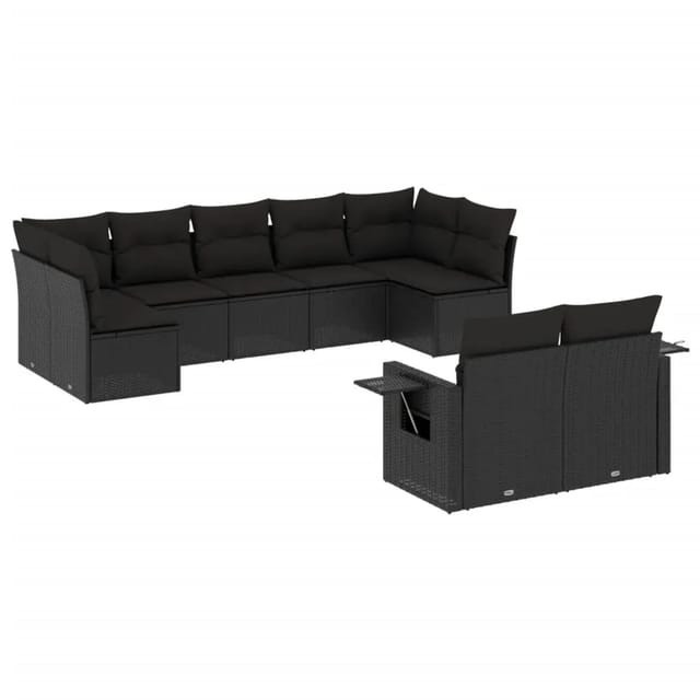 vidaXL 9-Tlg Garten-Sofagarnitur mit Kissen Schwarz Poly Rattan 3220614