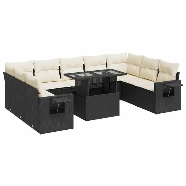 vidaXL 10-Tlg Garten-Sofagarnitur mit Kissen Schwarz Poly Rattan 3326537