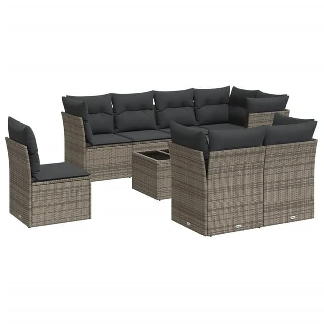 vidaXL 9-Tlg Garten-Sofagarnitur mit Kissen Grau Poly Rattan 3217940