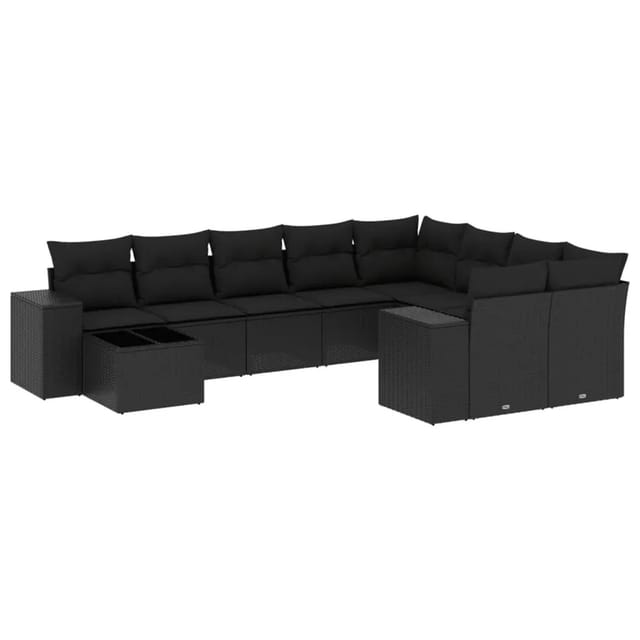 vidaXL 10-Tlg Garten-Sofagarnitur mit Kissen Schwarz Poly Rattan 3223054