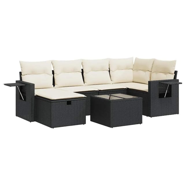 vidaXL 7-Tlg Garten-Sofagarnitur mit Kissen Schwarz Poly Rattan 3325492