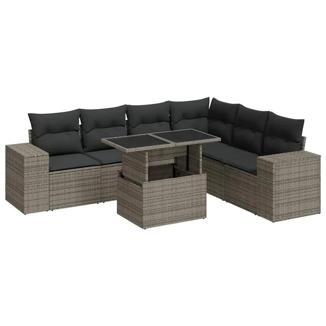 vidaXL 7-Tlg Garten-Sofagarnitur mit Kissen Grau Poly Rattan 3326811