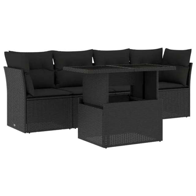 vidaXL 5-Tlg Garten-Sofagarnitur mit Kissen Schwarz Poly Rattan 3266345