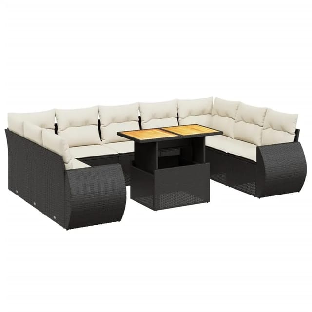 vidaXL 10-Tlg Garten-Sofagarnitur mit Kissen Schwarz Poly Rattan 3272337