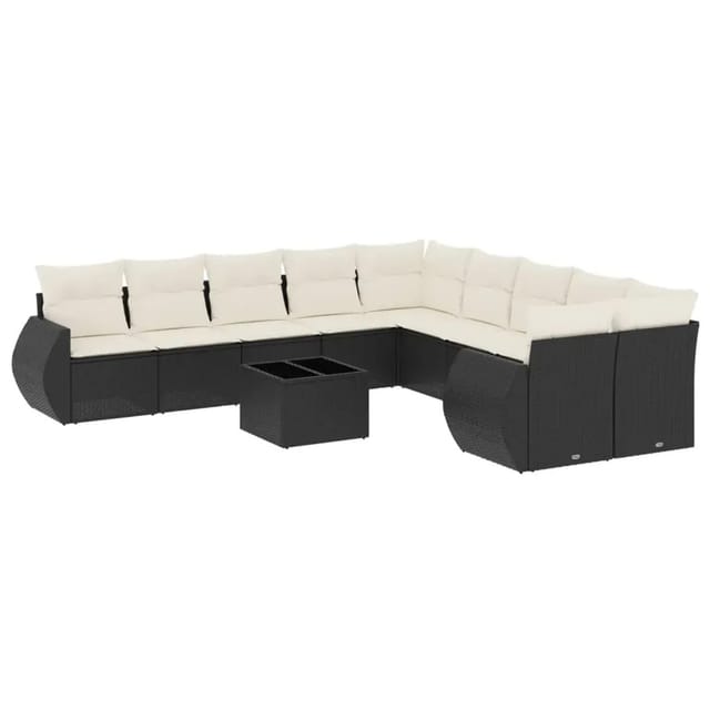 vidaXL 11-Tlg Garten-Sofagarnitur mit Kissen Schwarz Poly Rattan 3254253