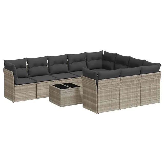 vidaXL 11-Tlg Garten-Sofagarnitur mit Kissen Hellgrau Poly Rattan 3218232