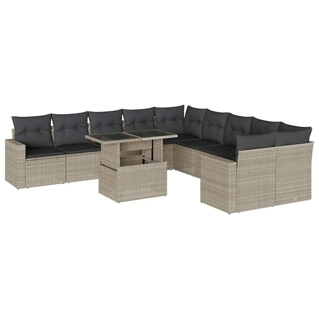 vidaXL 11-Tlg Garten-Sofagarnitur mit Kissen Hellgrau Poly Rattan 3267542