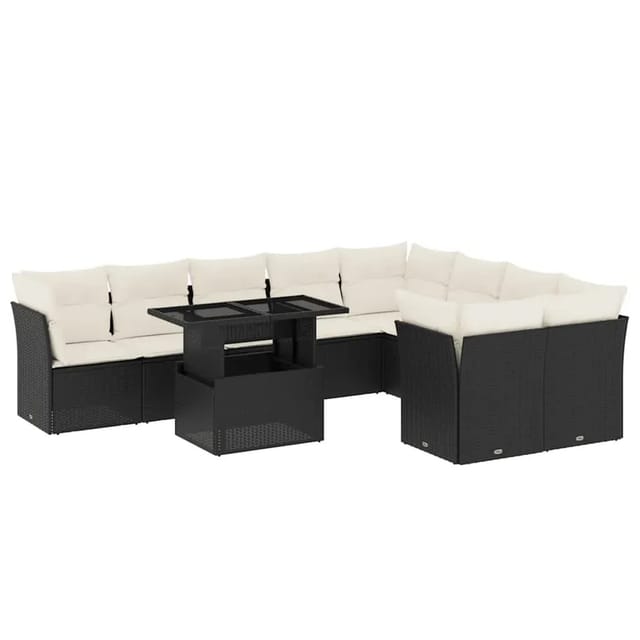 vidaXL 10-Tlg Garten-Sofagarnitur mit Kissen Schwarz Poly Rattan 3266836