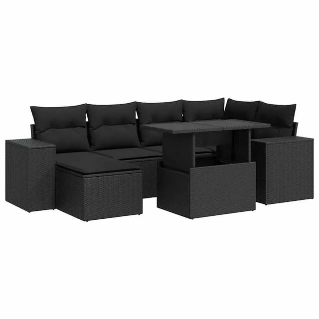 vidaXL 7-Tlg Garten-Sofagarnitur mit Kissen Schwarz Poly Rattan 3326826