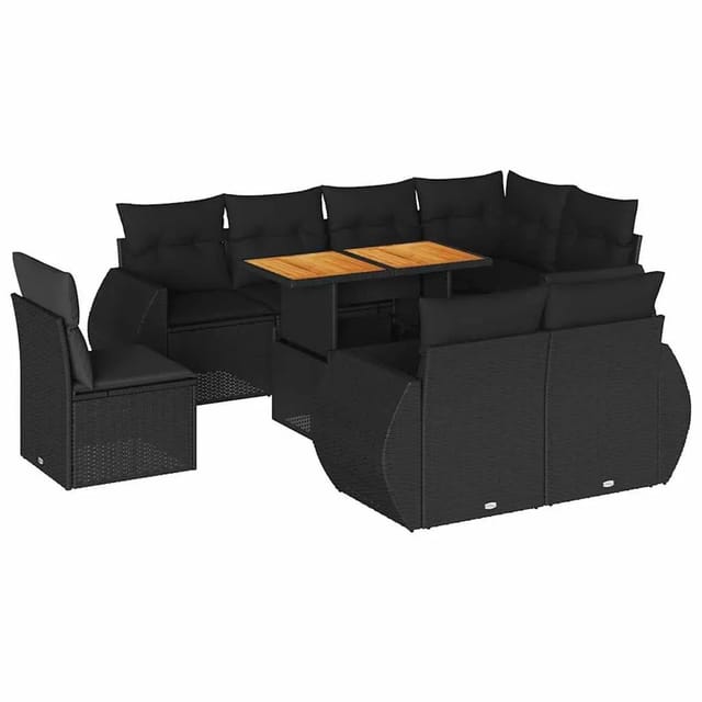 vidaXL 9-Tlg Garten-Sofagarnitur mit Kissen Schwarz Poly Rattan 3327275