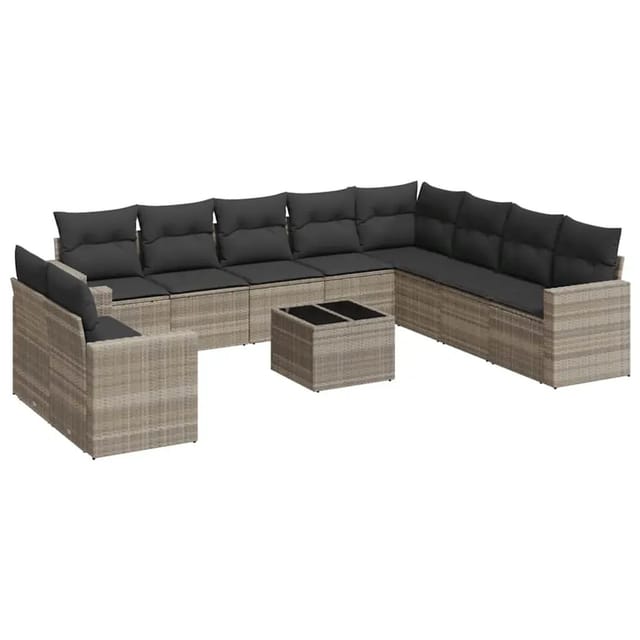 vidaXL 11-Tlg Garten-Sofagarnitur mit Kissen Hellgrau Poly Rattan 3219172