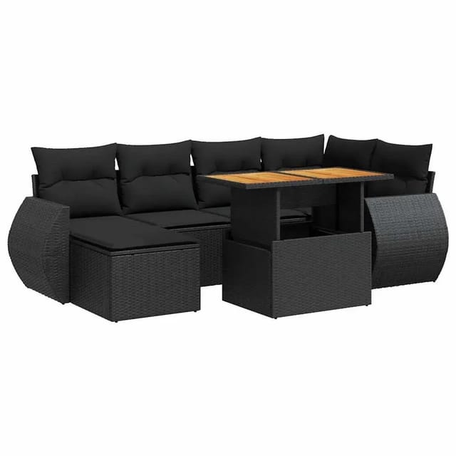 vidaXL 7-Tlg Garten-Sofagarnitur mit Kissen Schwarz Poly Rattan 3327282