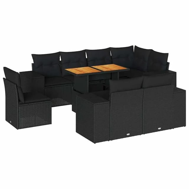 vidaXL 9-Tlg Garten-Sofagarnitur mit Kissen Schwarz Poly Rattan 3327387