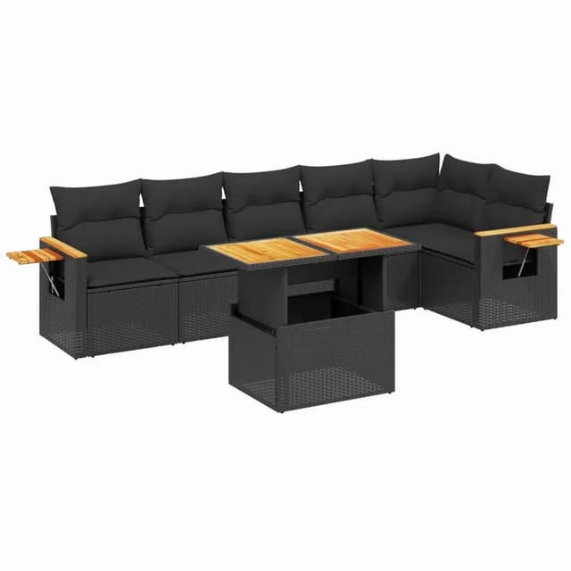 vidaXL 7-Tlg Garten-Sofagarnitur mit Kissen Schwarz Poly Rattan 3273526