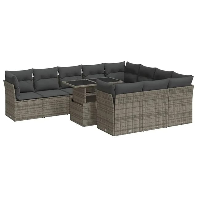 vidaXL 11-Tlg Garten-Sofagarnitur mit Kissen Grau Poly Rattan 3326231