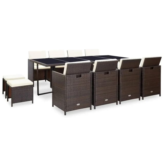 vidaXL 13-Tlg Garten-Essgruppe mit Auflagen Poly Rattan Braun 42528