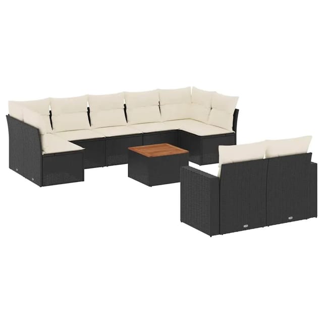 vidaXL 10-Tlg Garten-Sofagarnitur mit Kissen Schwarz Poly Rattan 3256602