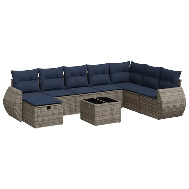 vidaXL 9-Tlg Garten-Sofagarnitur mit Kissen Grau Poly Rattan 3325647