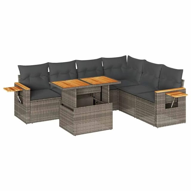 vidaXL 7-Tlg Garten-Sofagarnitur mit Kissen Grau Poly Rattan Akazie 3327609