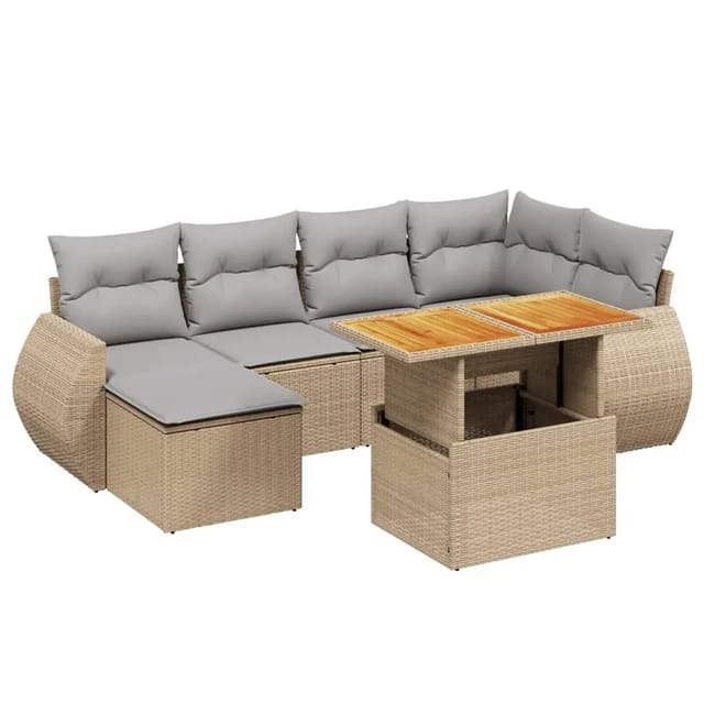 vidaXL 7-Tlg Garten-Sofagarnitur mit Kissen Beige Poly Rattan 3272298